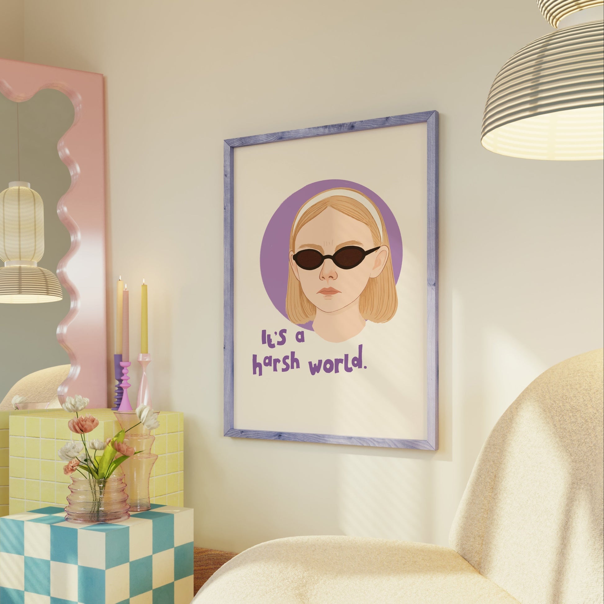 An illustrated portrait of Ray from the film 'Uptown Girls' with her quote that reads 'it's a harsh world.'.