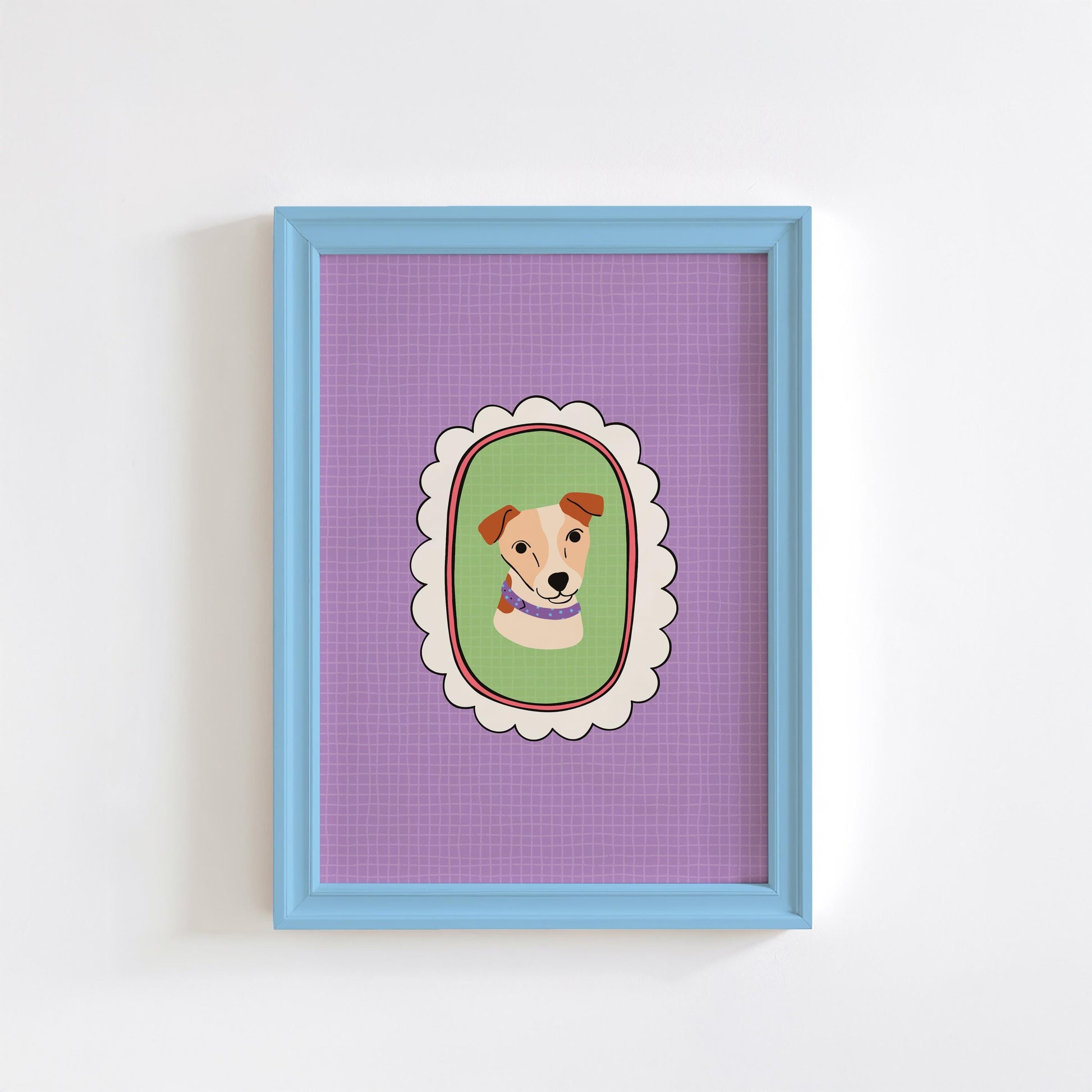 A colourful illustration art print of a Jack Russell Terrier with a scalloped-edge frame on a purple background.