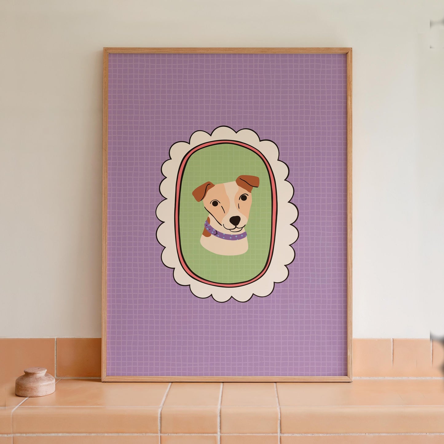A colourful illustration art print of a Jack Russell Terrier with a scalloped-edge frame on a purple background.