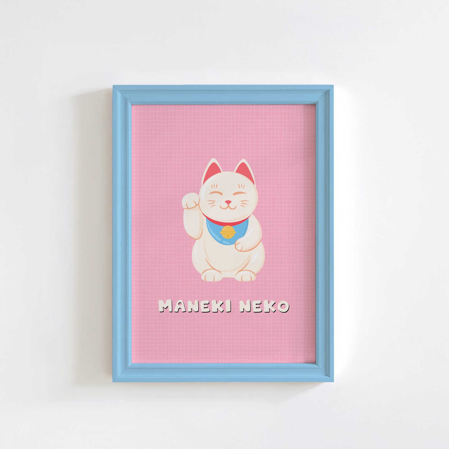 An art print featuring a cute cartoon Maneki-neko (lucky cat) on a pink background.