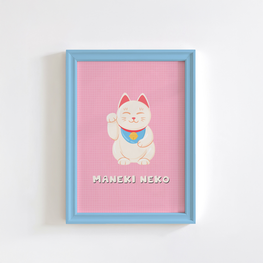 An art print featuring a cute cartoon Maneki-neko (lucky cat) on a pink background.