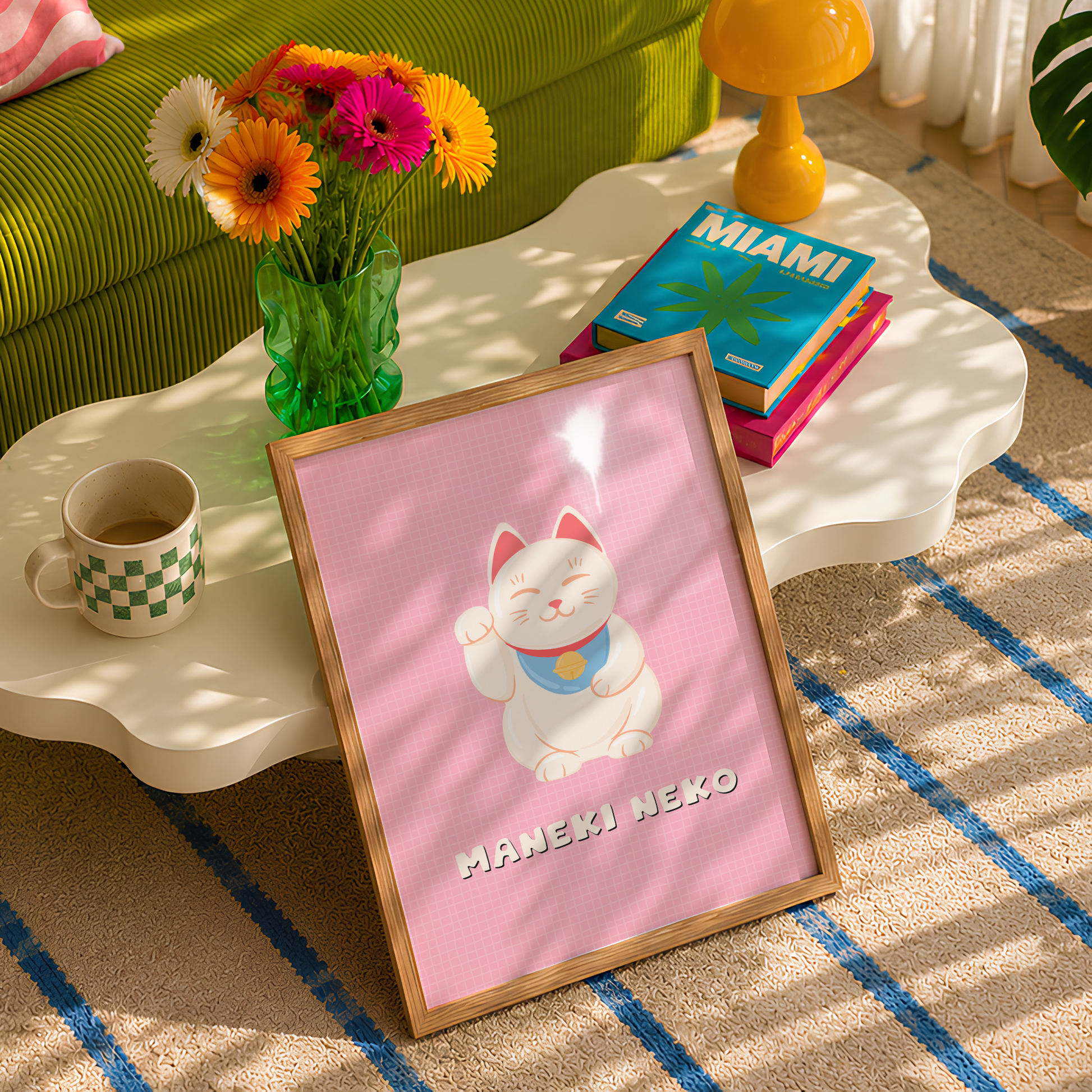 An art print featuring a cute cartoon Maneki-neko (lucky cat) on a pink background.
