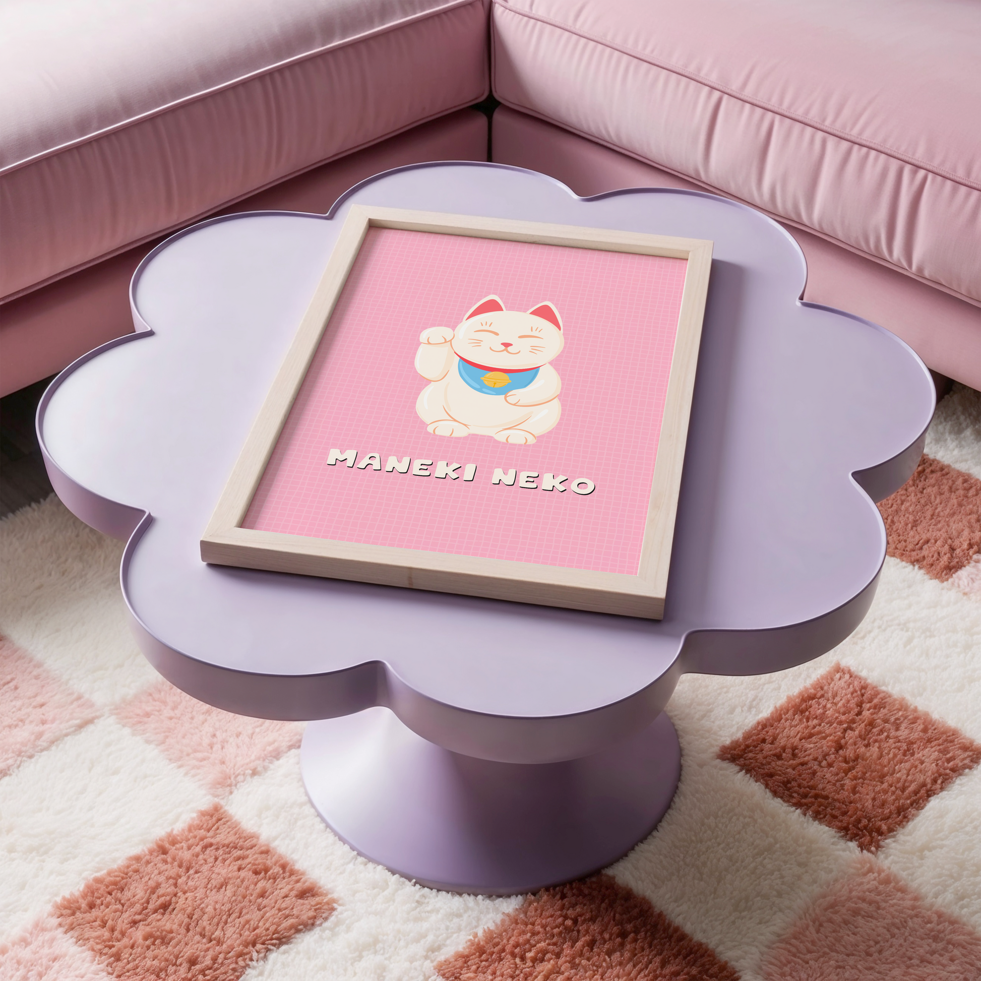 An art print featuring a cute cartoon Maneki-neko (lucky cat) on a pink background.