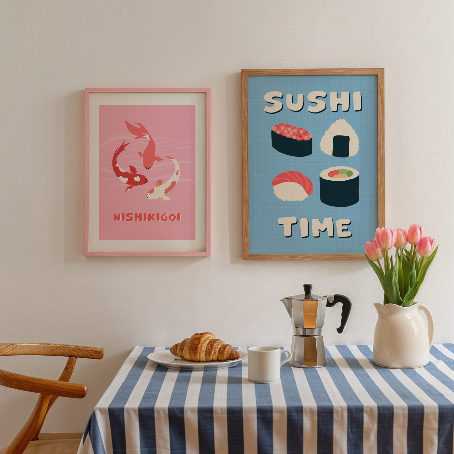 A blue wall art print, with illustrations of sushi in the centre. Around the sushi illustration, are the words 'Sushi Time' in a fun bold white font.