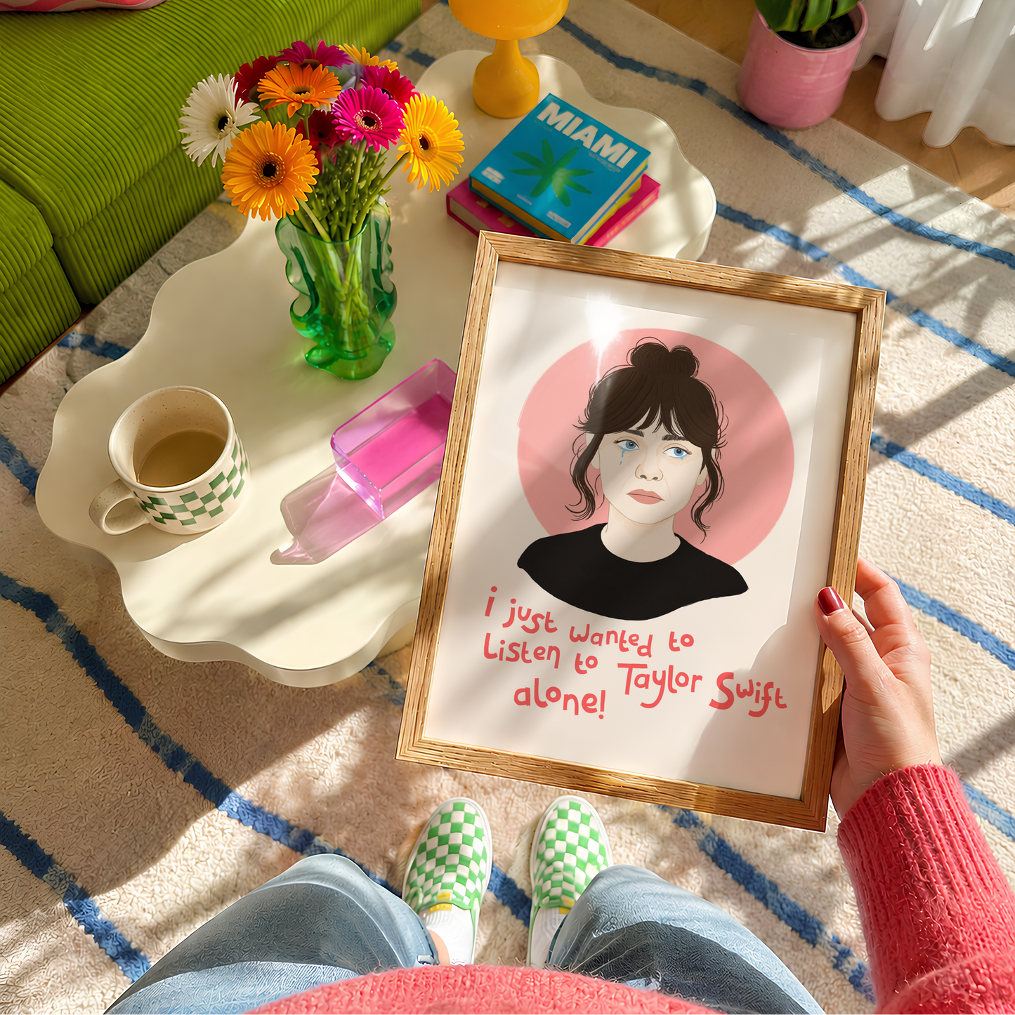 An illustrated portrait print featuring a stylised illustration of Jessica Day from New Girl, with the text 'i just want to listen to Taylor Swift alone!' in red handwriting.
