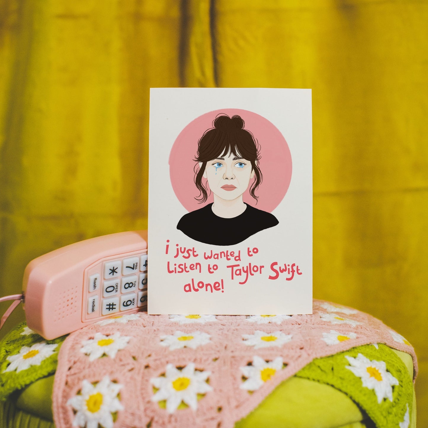 An illustrated portrait print featuring a stylised illustration of Jessica Day from New Girl, with the text 'i just want to listen to Taylor Swift alone!' in red handwriting.