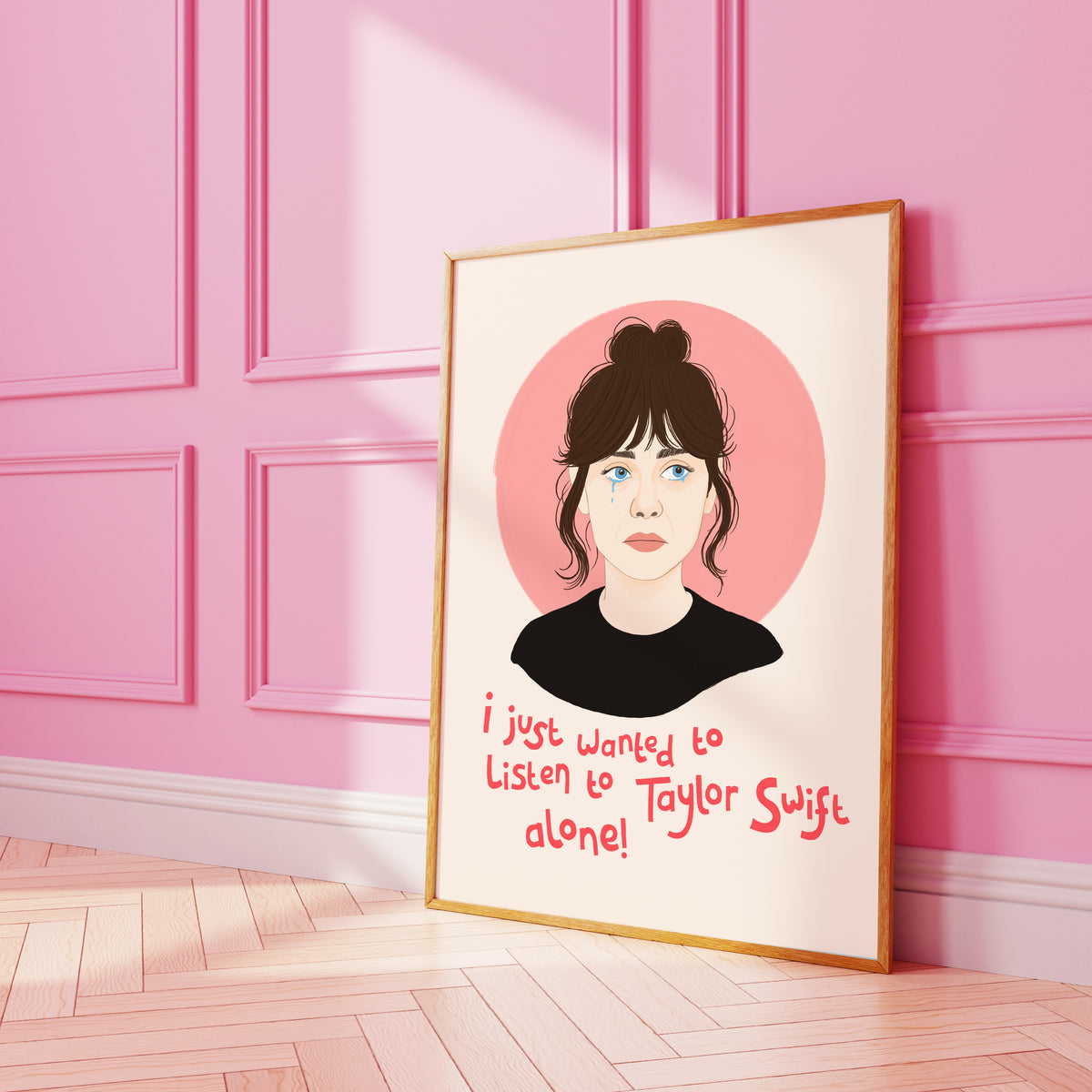 An illustrated portrait print featuring a stylised illustration of Jessica Day from New Girl, with the text 'i just want to listen to Taylor Swift alone!' in red handwriting.