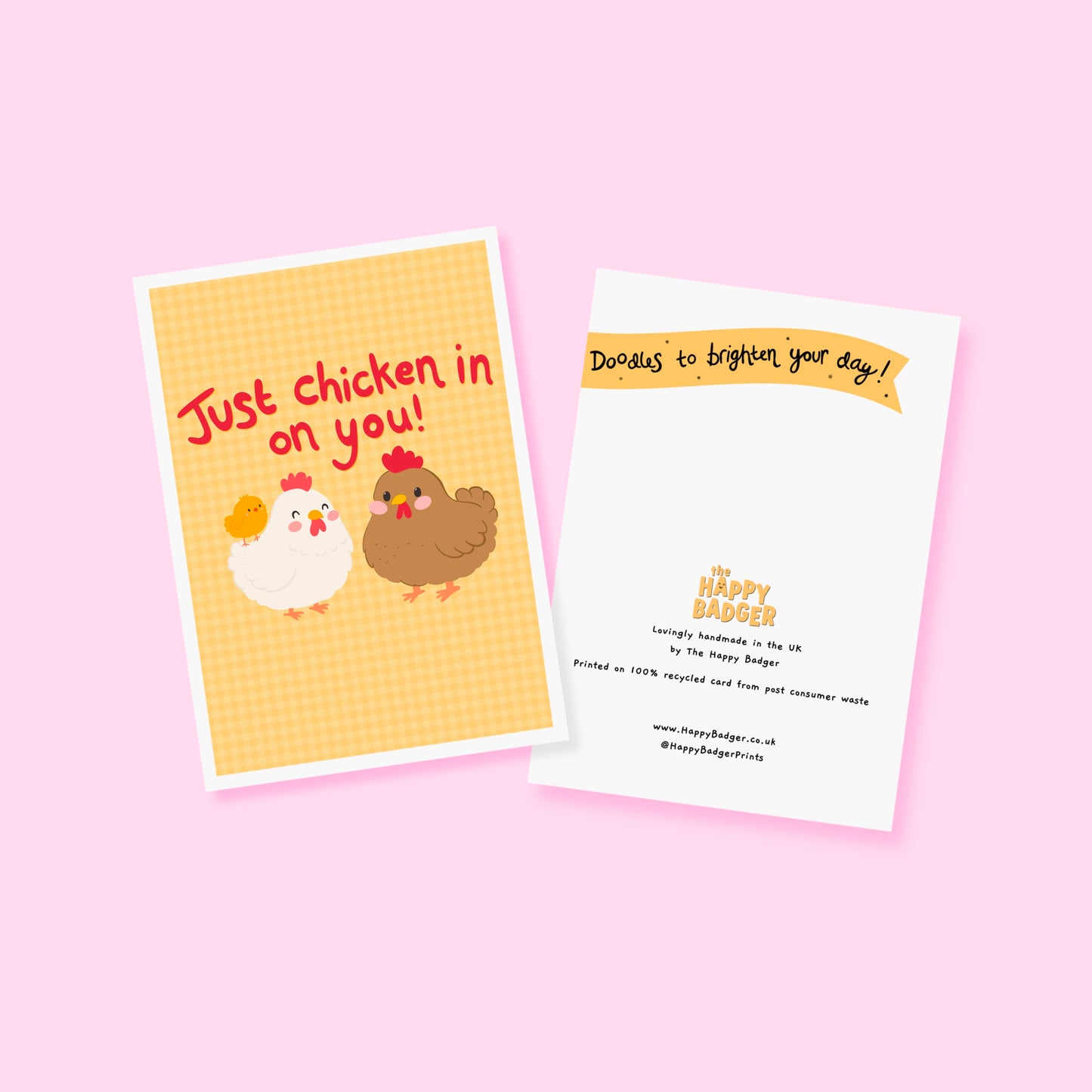 Card with chicken illustrations and red text that says 'Just chicken in on you!', with a yellow gingham background.