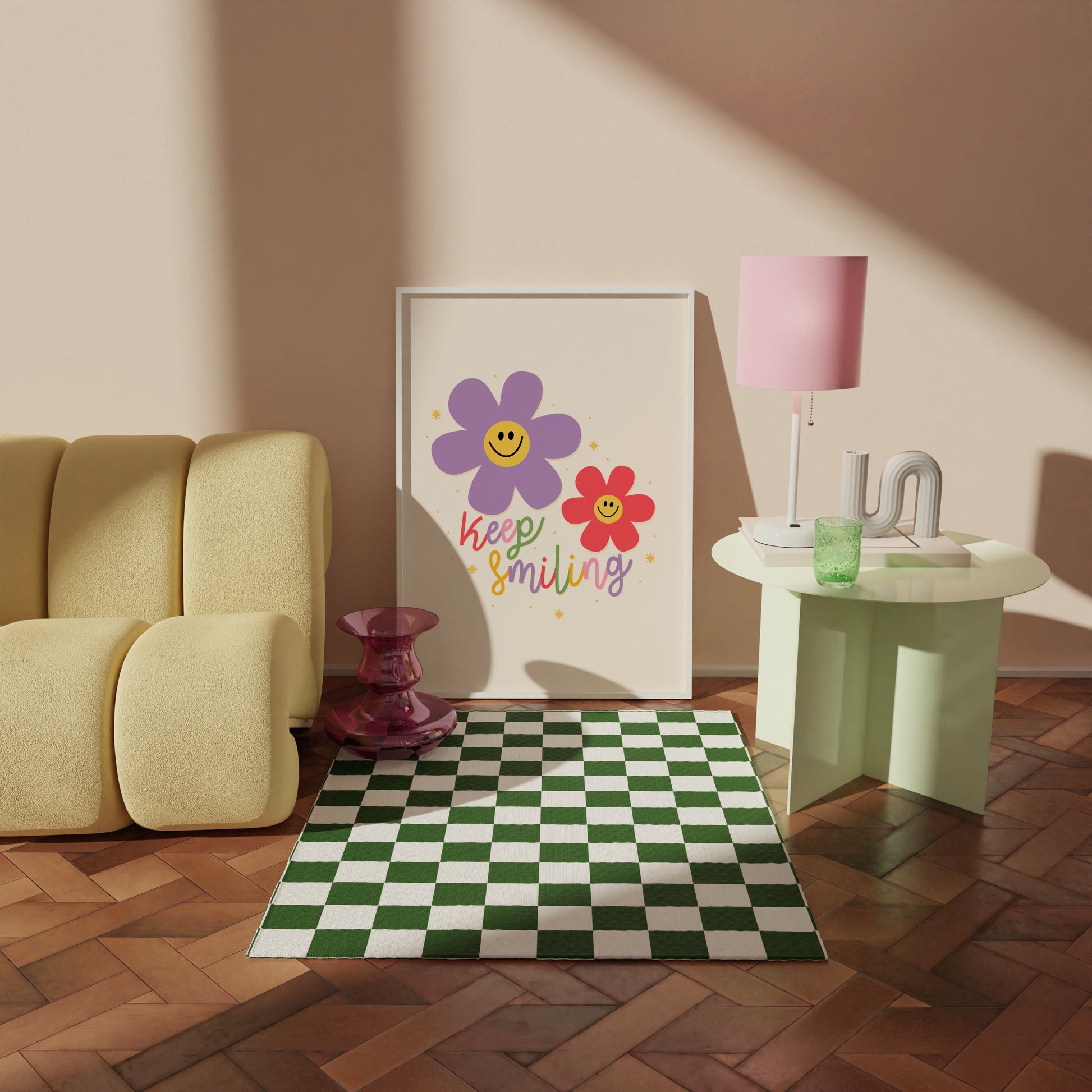 A positive quote print with two smiling daisies in purple and red.