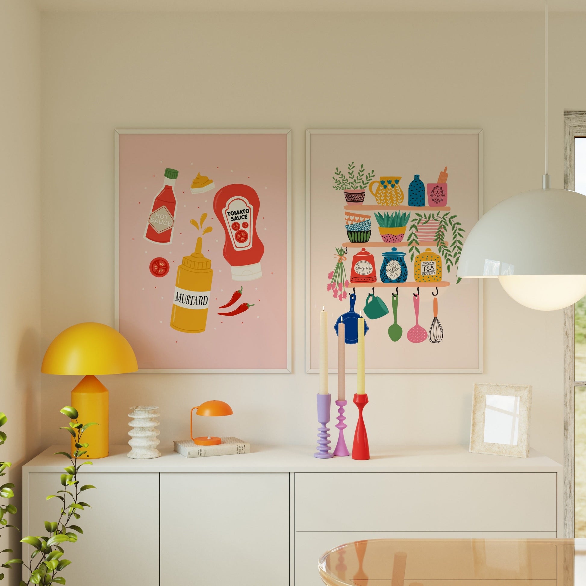 A pink kitchen print, with illustrations of kitchen condiments - hot sauce, ketchup and mustard.