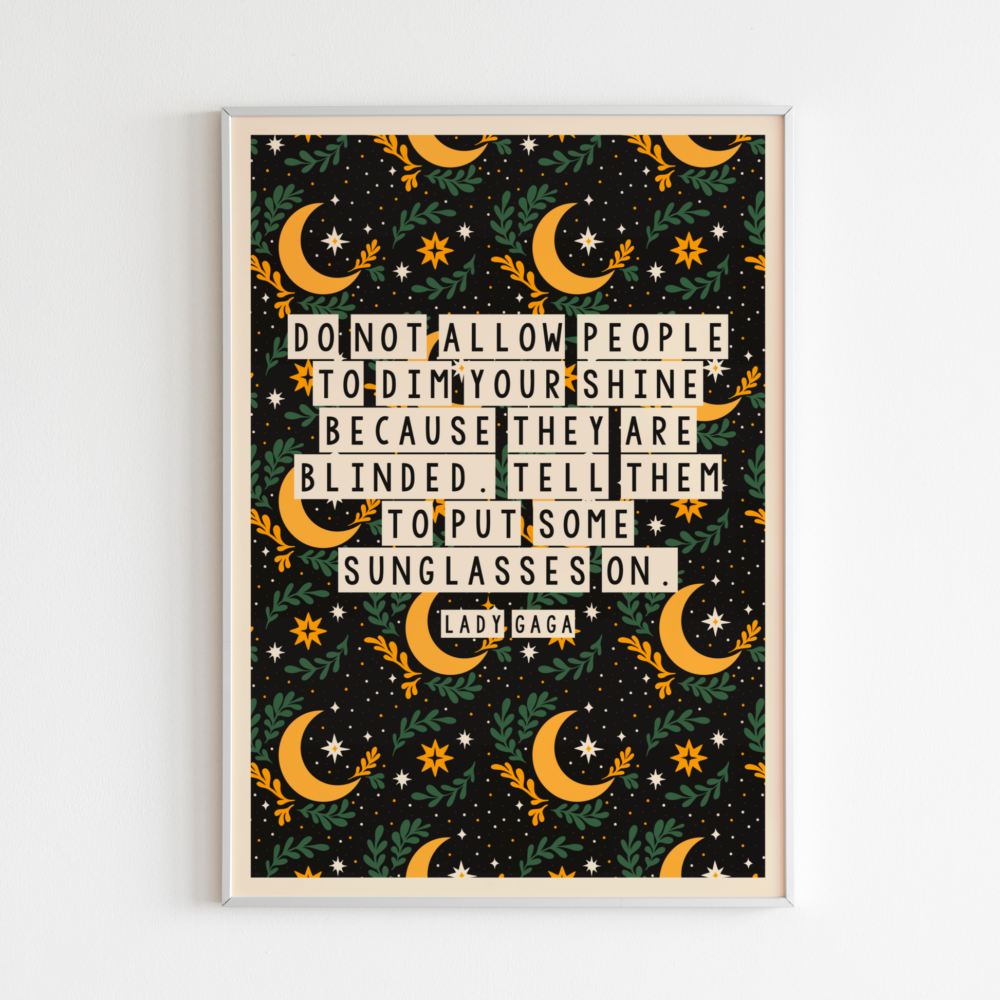 A limited edition art print featuring a colorful abstract pattern and a quote by Lady GaGa related to sunshine and blindness.