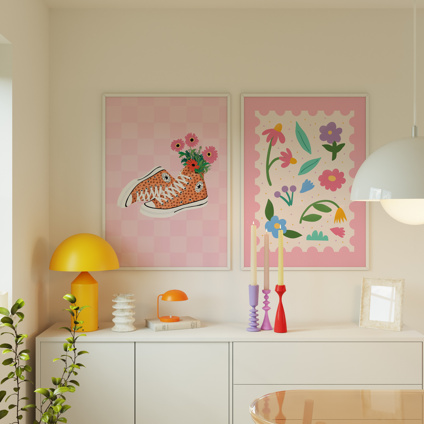 An illustration print of a pair of leopard print Converse, with pink and red daisies in them. Shown on a pink checkerboard background. Shown next to a cute print of several floral elements with a wavy pink border.