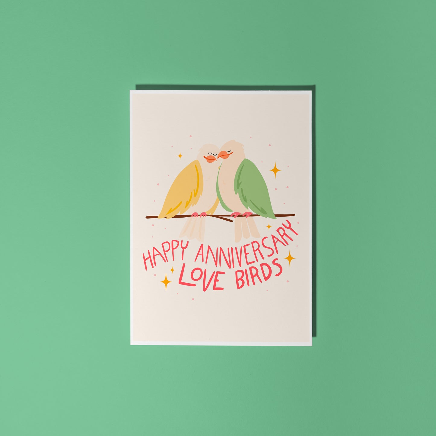 An illustrated anniversary card with two birds sitting on a branch, looking loved up. The hand written lettering underneath them reads ;happy anniversary love birds'.
