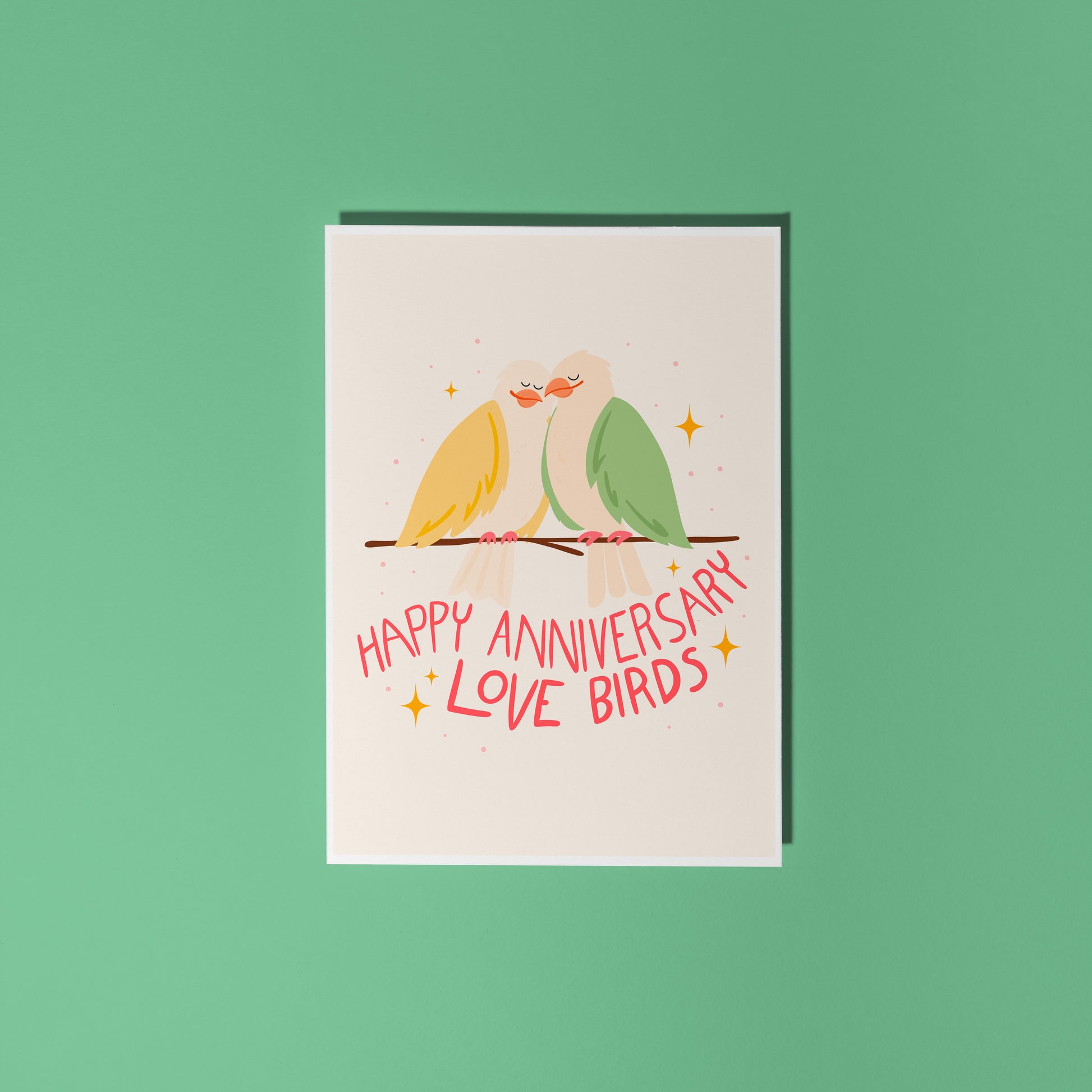 An illustrated anniversary card with two birds sitting on a branch, looking loved up. The hand written lettering underneath them reads ;happy anniversary love birds'.