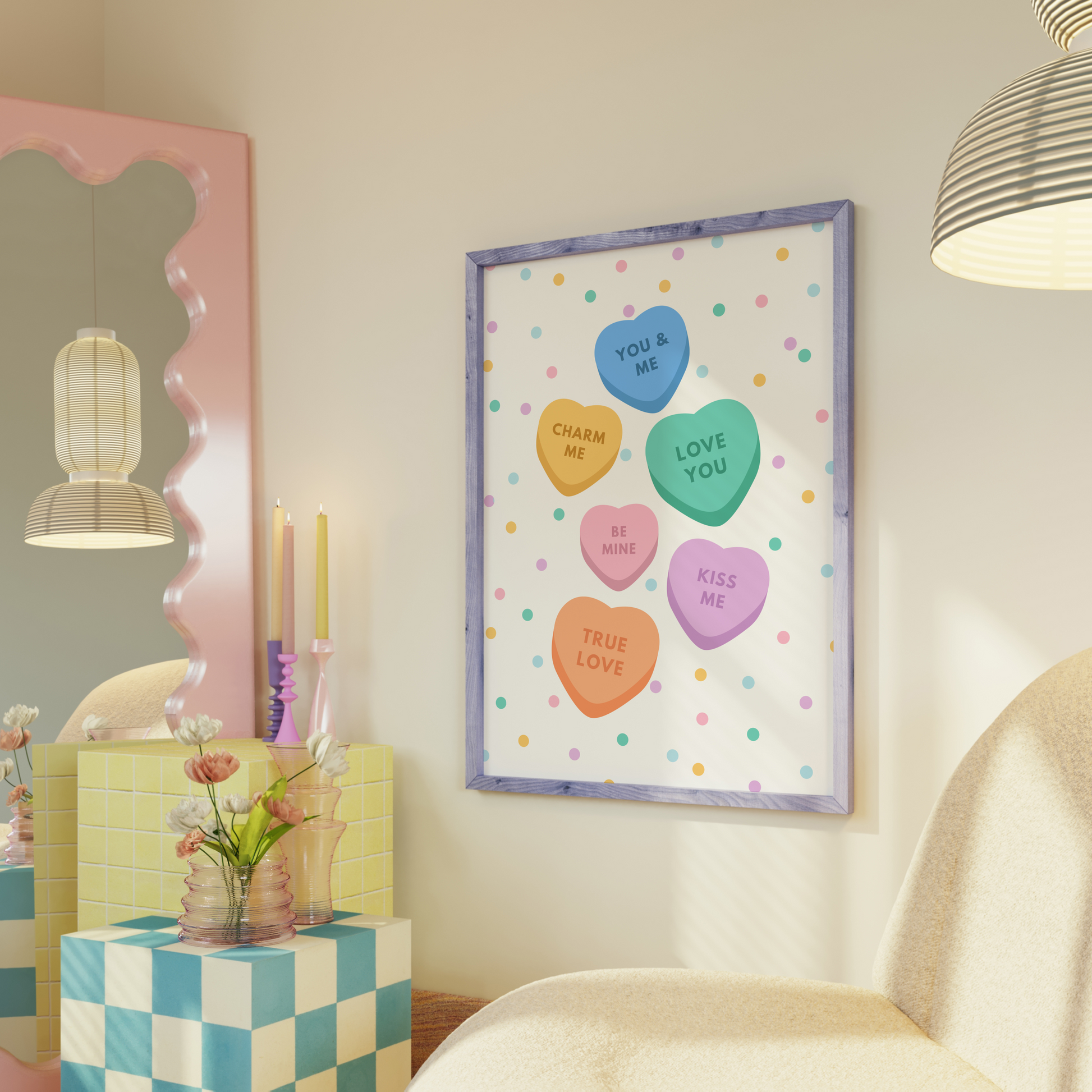 A love hearts illustration print shown in a purple frame in a pastel bedroom.