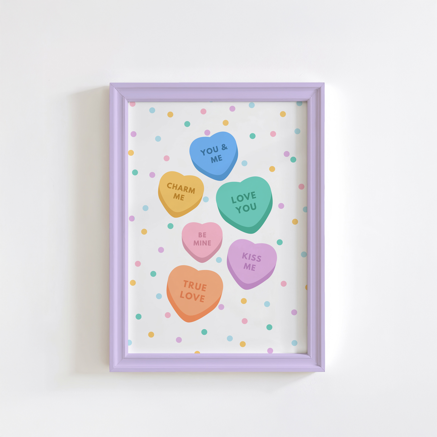 An illustration of love hearts sweets with various cute phrases, shown in a frame.