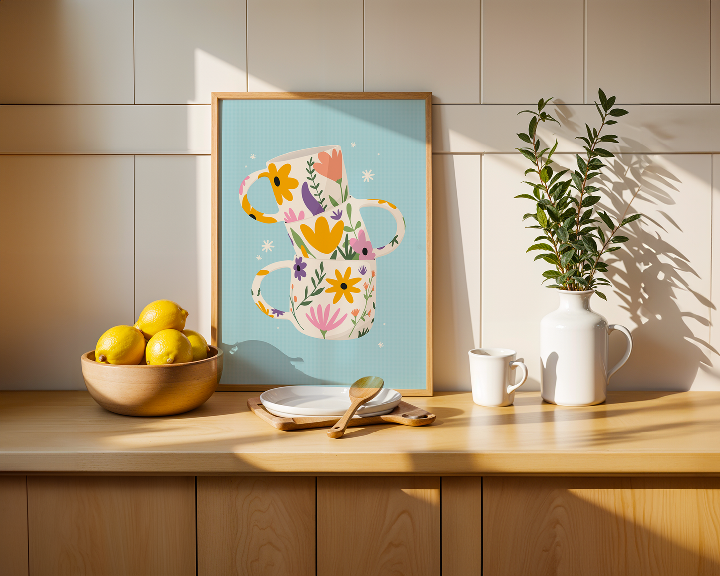 Stacked Floral Mugs Art Print – Blue Kitchen Wall Art