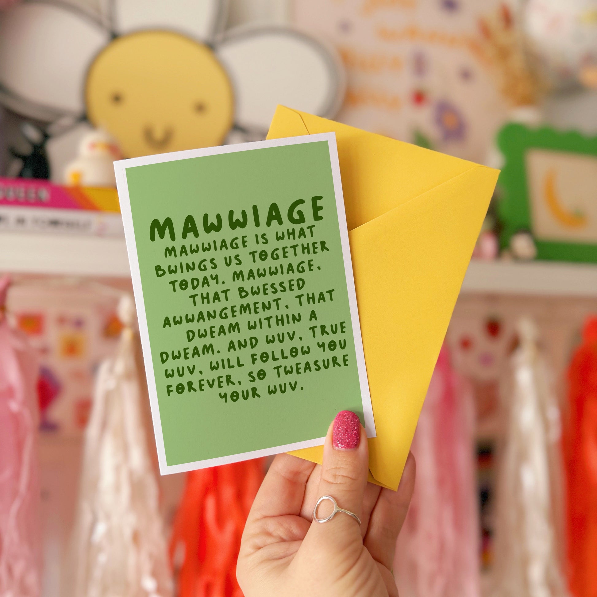 A green card with a quote from The Princess Bride about marriage.