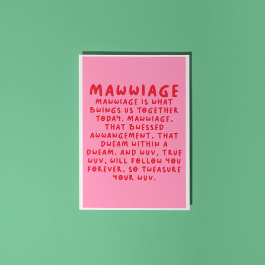 A pink wedding day celebration card, with a quote in red, from the film The Princess Bride.