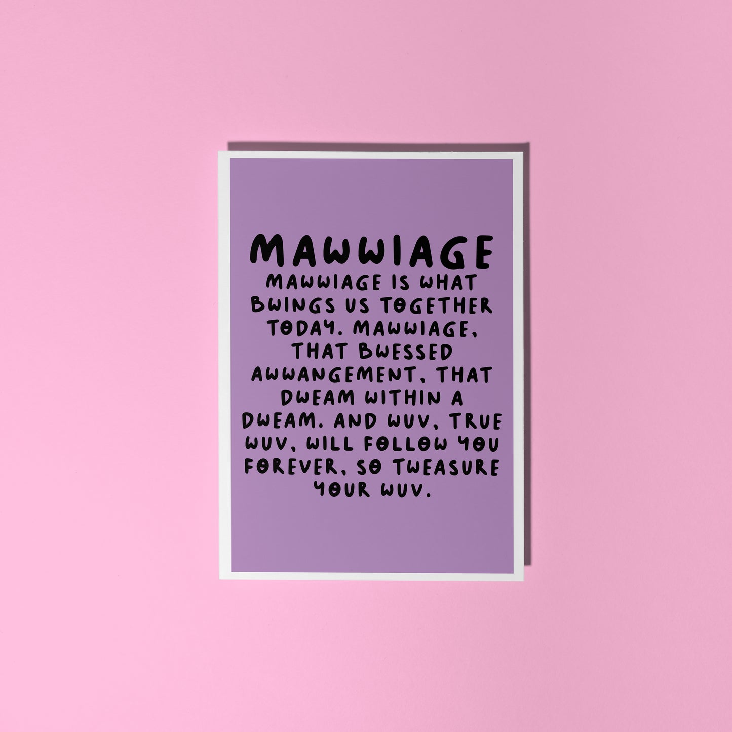 A purple wedding day celebration card, with a quote in black, from the film The Princess Bride.