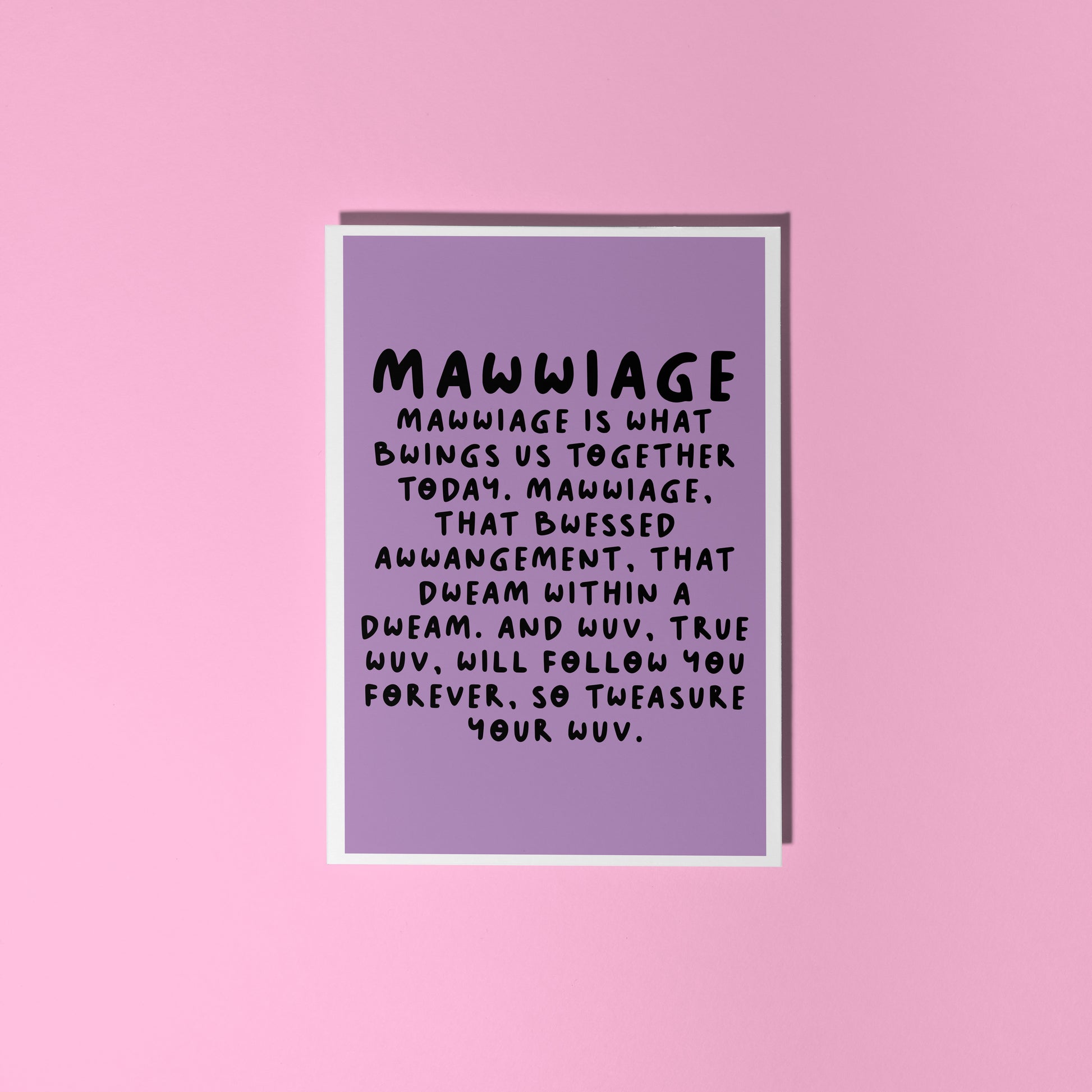 A purple wedding day celebration card, with a quote in black, from the film The Princess Bride.