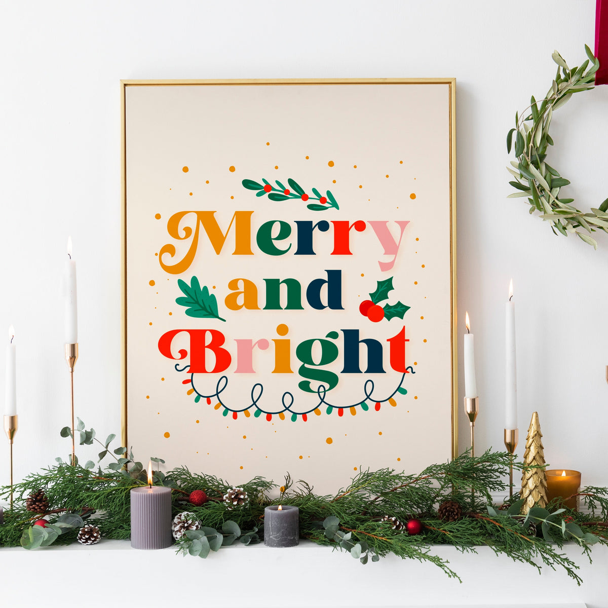 A festive quote print featuring the words 'merry and bright' in lots of traditional seasonal colours, surrounded by little festive doodles of Christmas lights and holly.