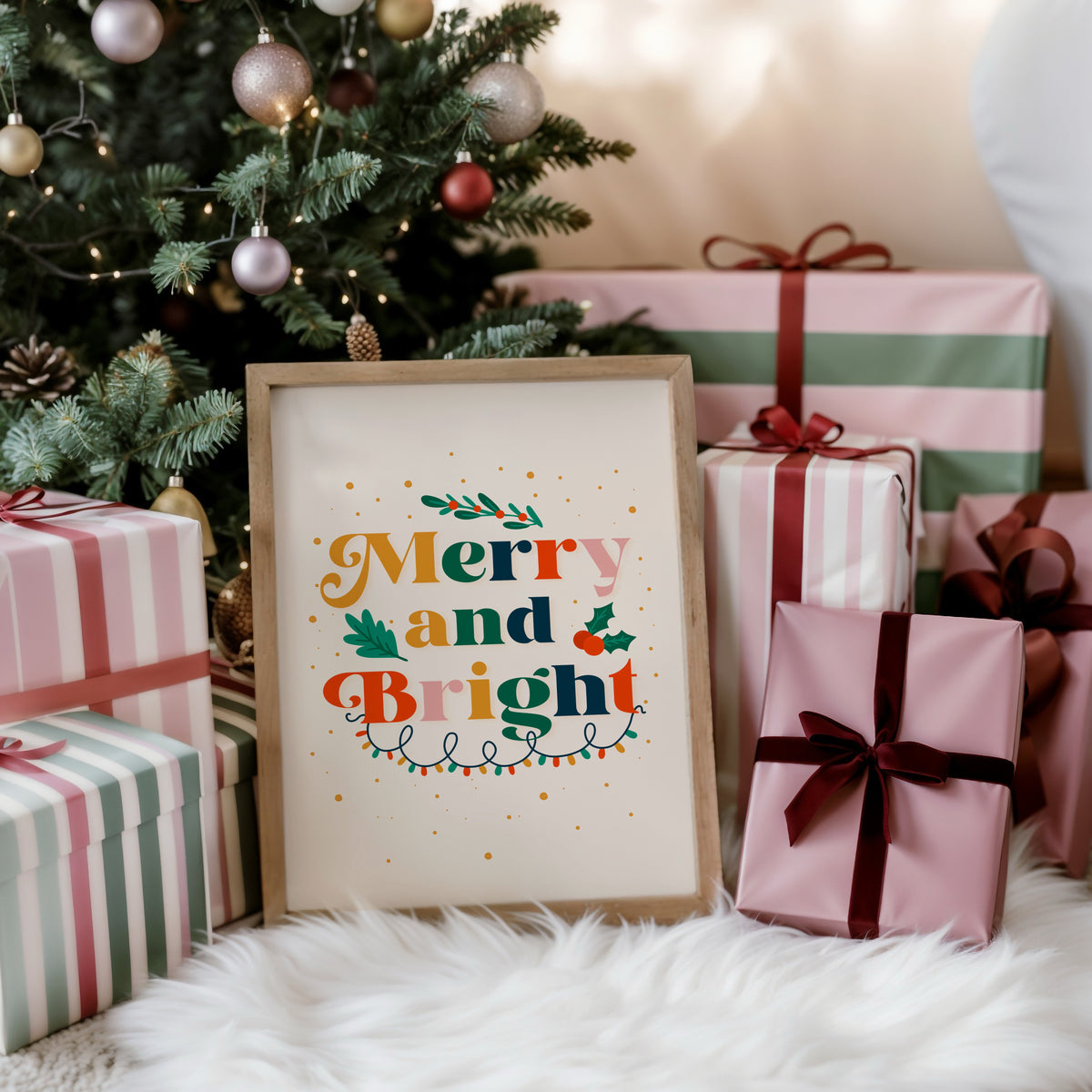 A festive quote print featuring the words 'merry and bright' in lots of traditional seasonal colours, surrounded by little festive doodles of Christmas lights and holly.