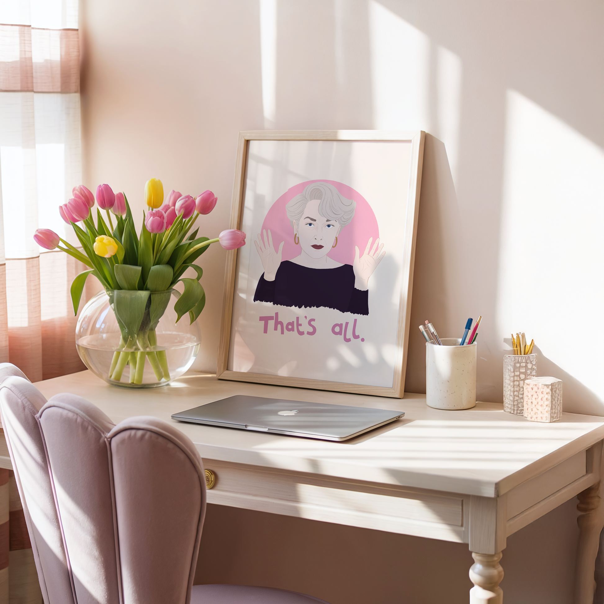 A portrait print of Miranda Priestly from The Devil Wears Prada, featuring her quote 'that's all.' underneath.