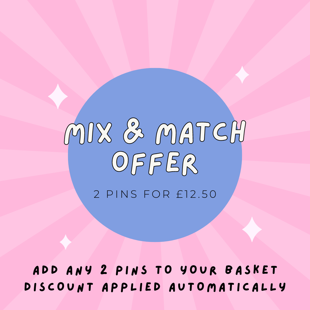 An infographic showing the mix and match 2 for £12.50 offer on all Happy Badger pin badges.