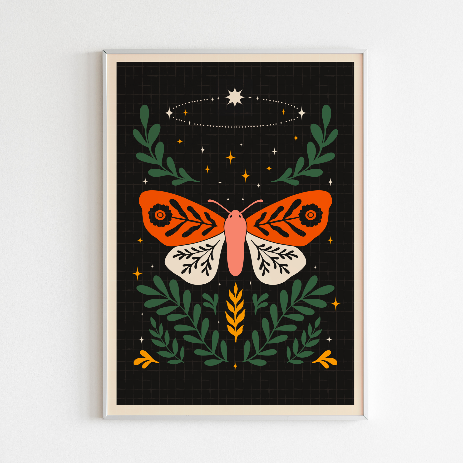 A limited edition art print featuring a moth with a butterfly-like design, surrounded by celestial stars and plants.