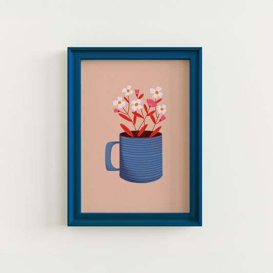 An illustration print of a blue striped mug, with a small posy of red, pink and white flowers in it, on a warm beige textured background.