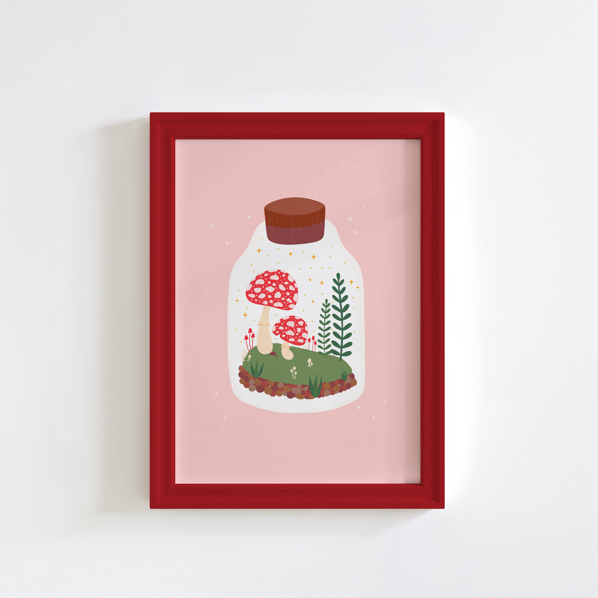 An illustration of a terrarium jar with toadstools and greenery inside of it. The background of the illustration print is a soft warm pink.