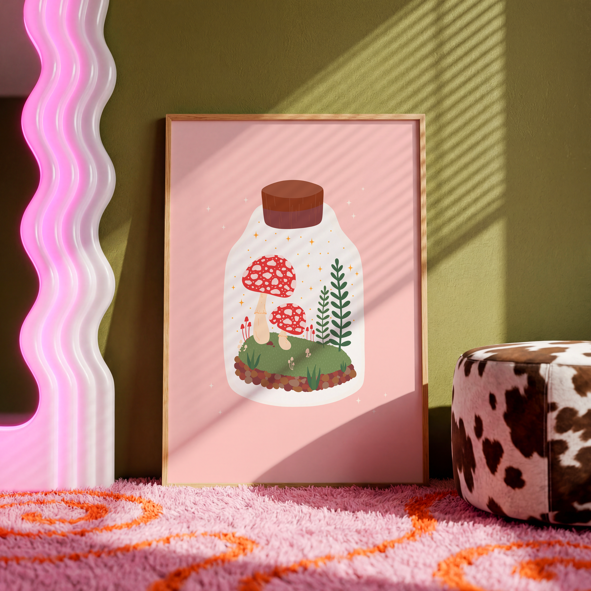 An illustration of a terrarium jar with toadstools and greenery inside of it. The background of the illustration print is a soft warm pink.