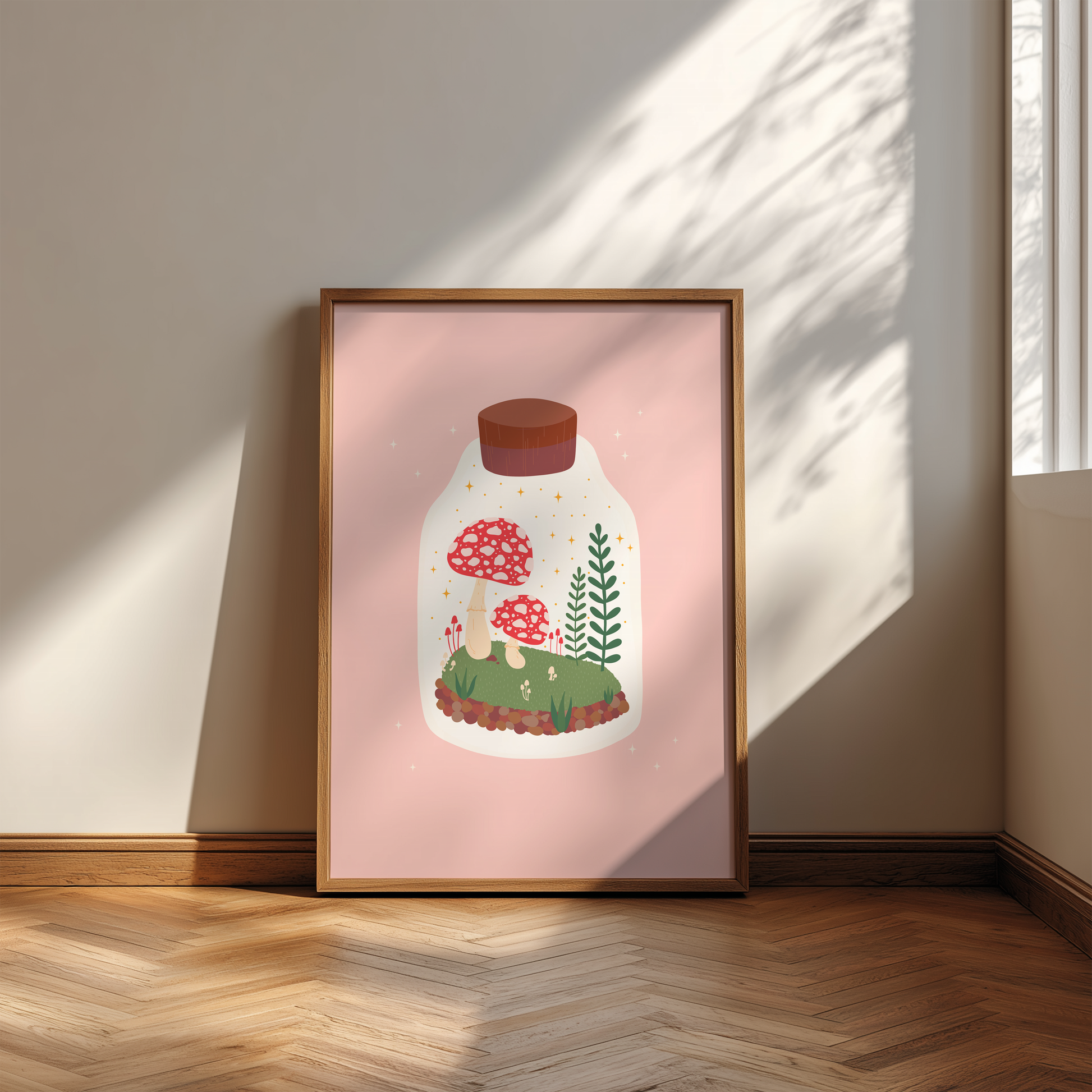 An illustration of a terrarium jar with toadstools and greenery inside of it. The background of the illustration print is a soft warm pink.