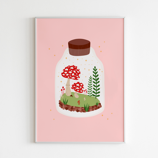 An illustration of two toadstool mushrooms and greenery, in a glass terrarium, on a pink background.