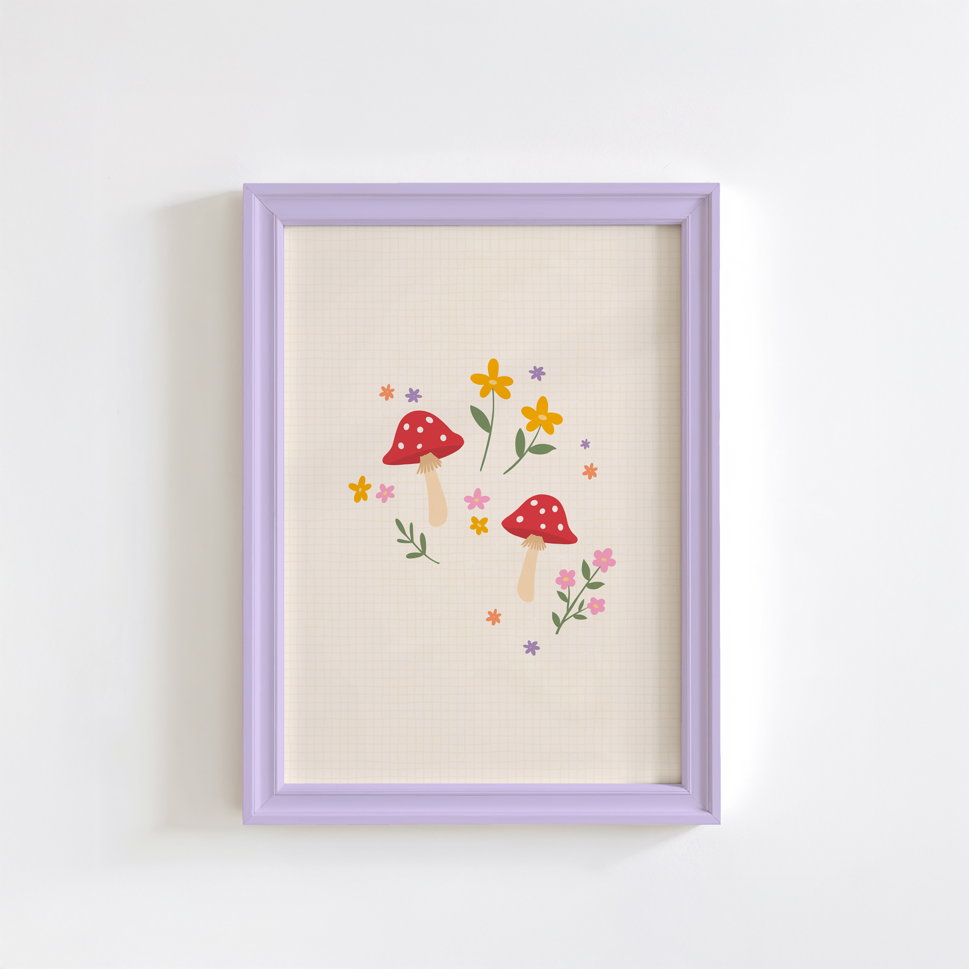 A warm cream background print, with an illustration in the centre of two mushrooms and lots of little flowers.