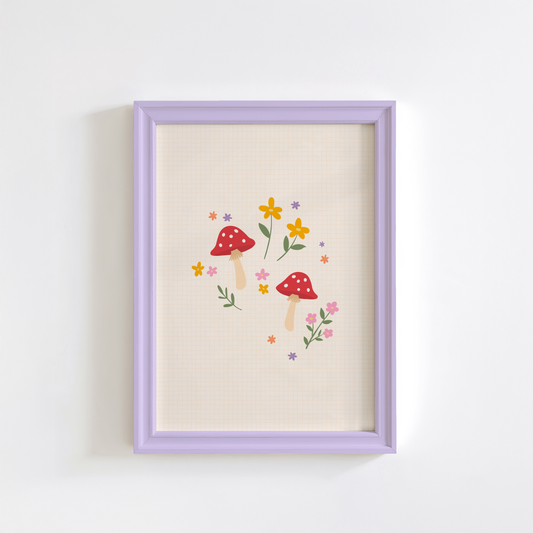 A warm cream background print, with an illustration in the centre of two mushrooms and lots of little flowers.