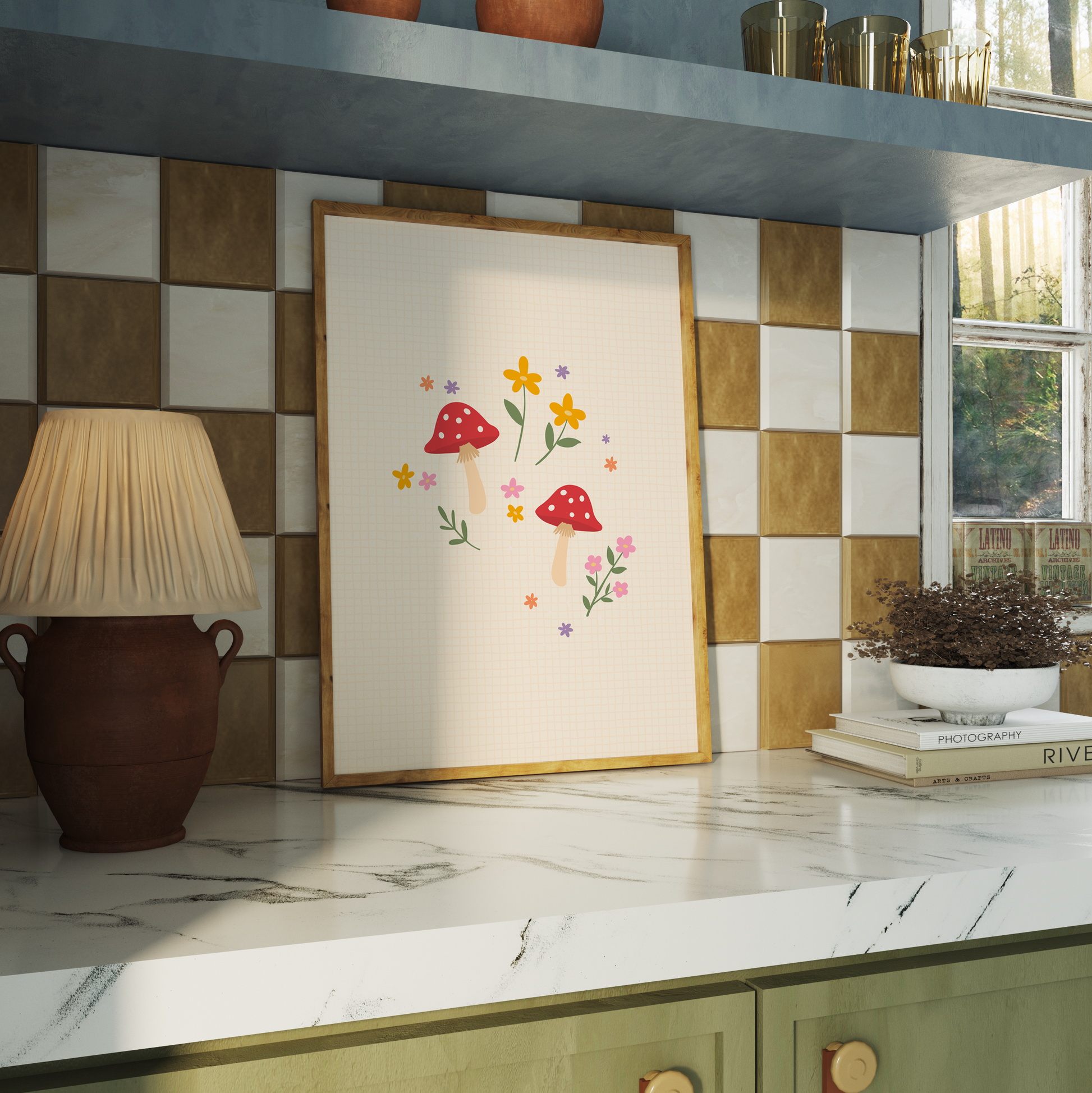 A warm cream background print, with an illustration in the centre of two mushrooms and lots of little flowers.