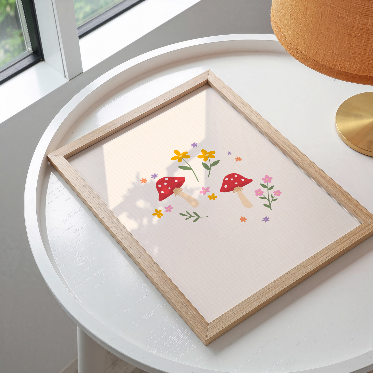 A warm cream background print, with an illustration in the centre of two mushrooms and lots of little flowers.