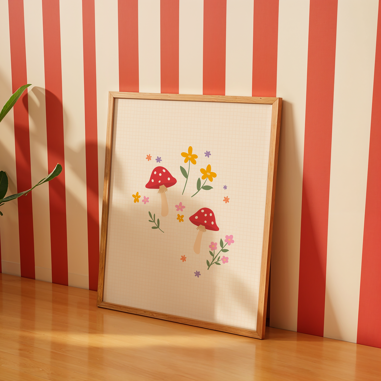 A warm cream background print, with an illustration in the centre of two mushrooms and lots of little flowers.