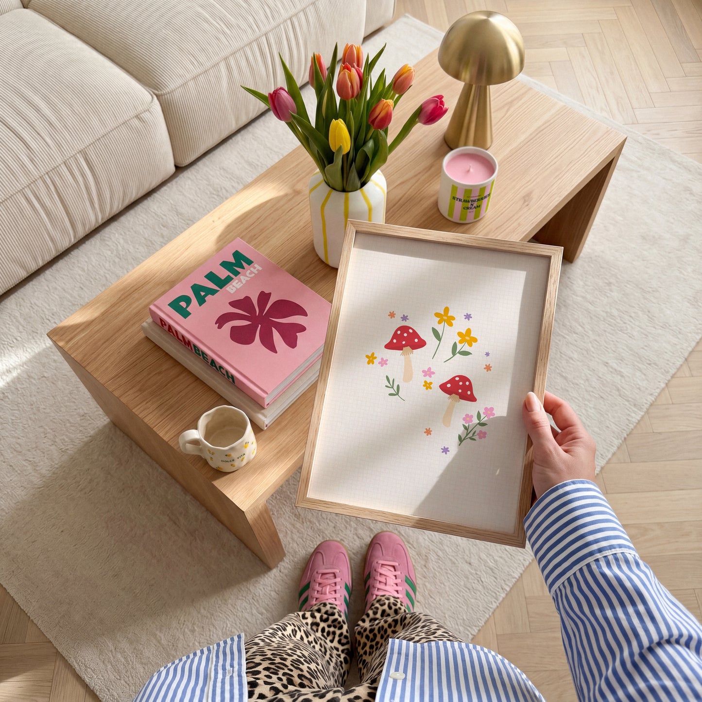 A warm cream background print, with an illustration in the centre of two mushrooms and lots of little flowers.