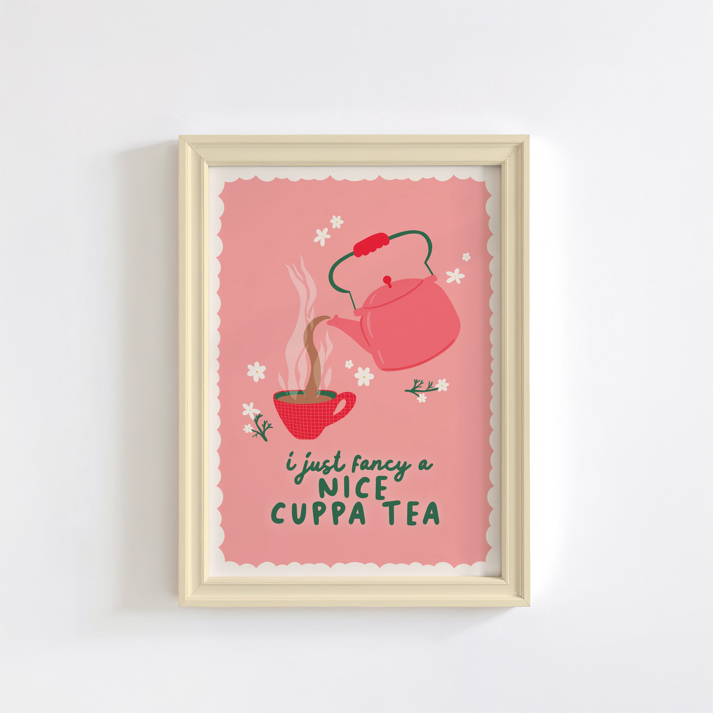 A pink print with a scalloped edge border, with a teapot and mug illustration and a cosy quote.