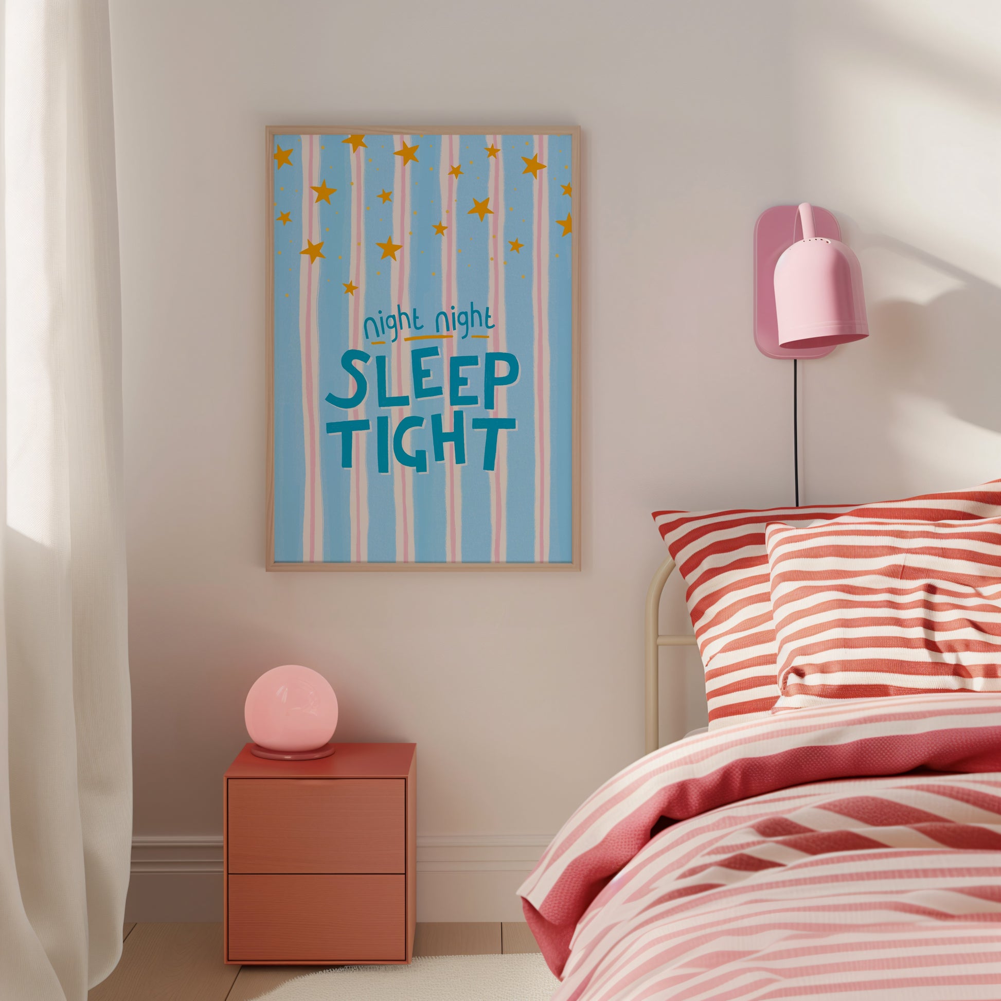 Bedroom with striped bedding, pink nightstand, and 'Sleep Tight' poster.