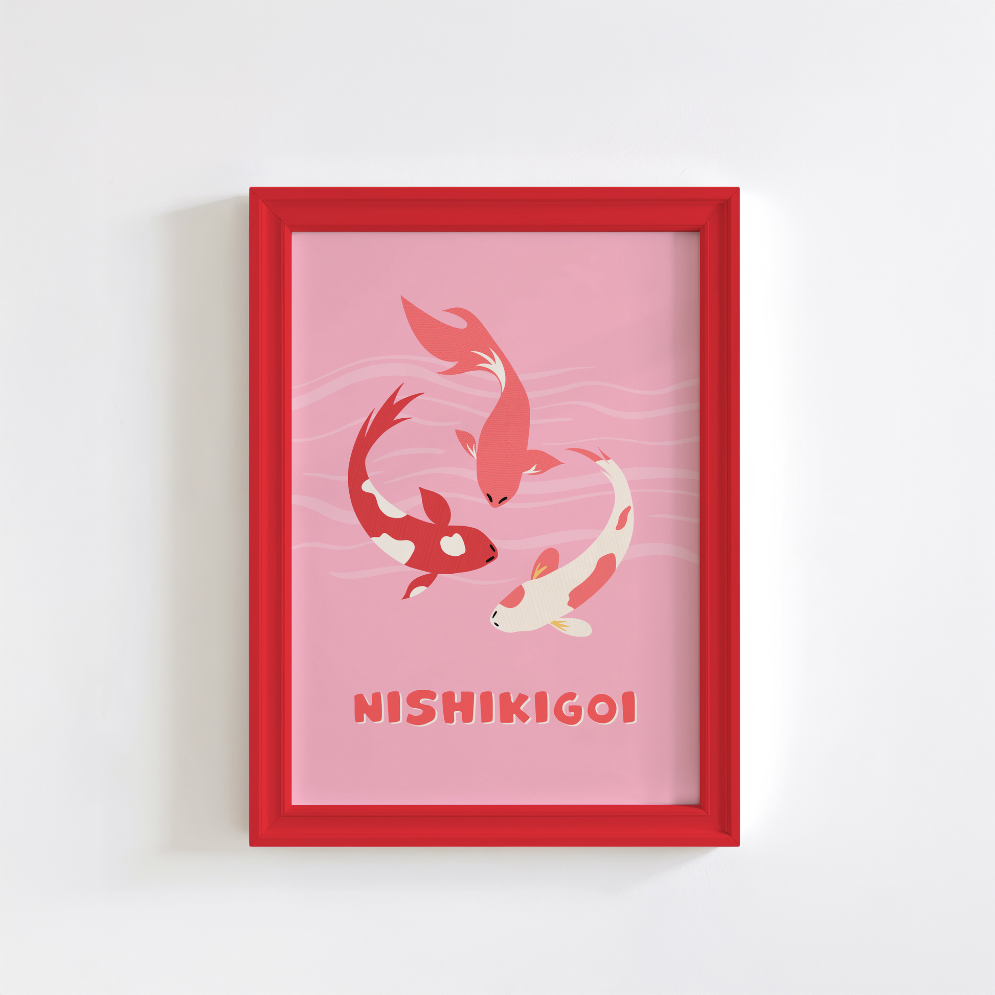 A pink print with an illustration of three Nishikigoi or Japanese carp fish. 