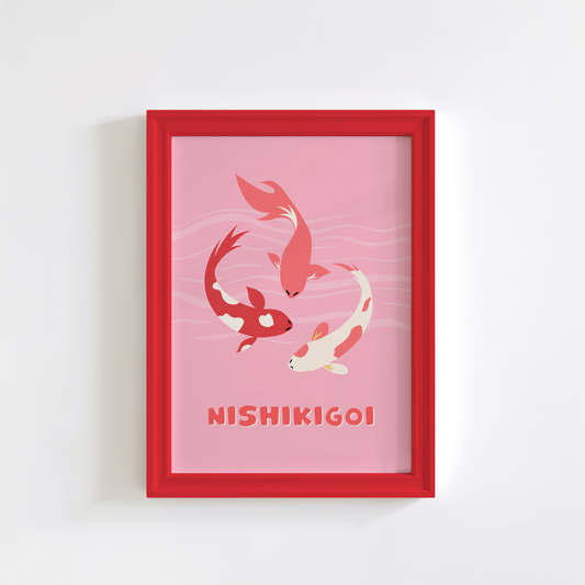 A pink print with an illustration of three Nishikigoi or Japanese carp fish. 