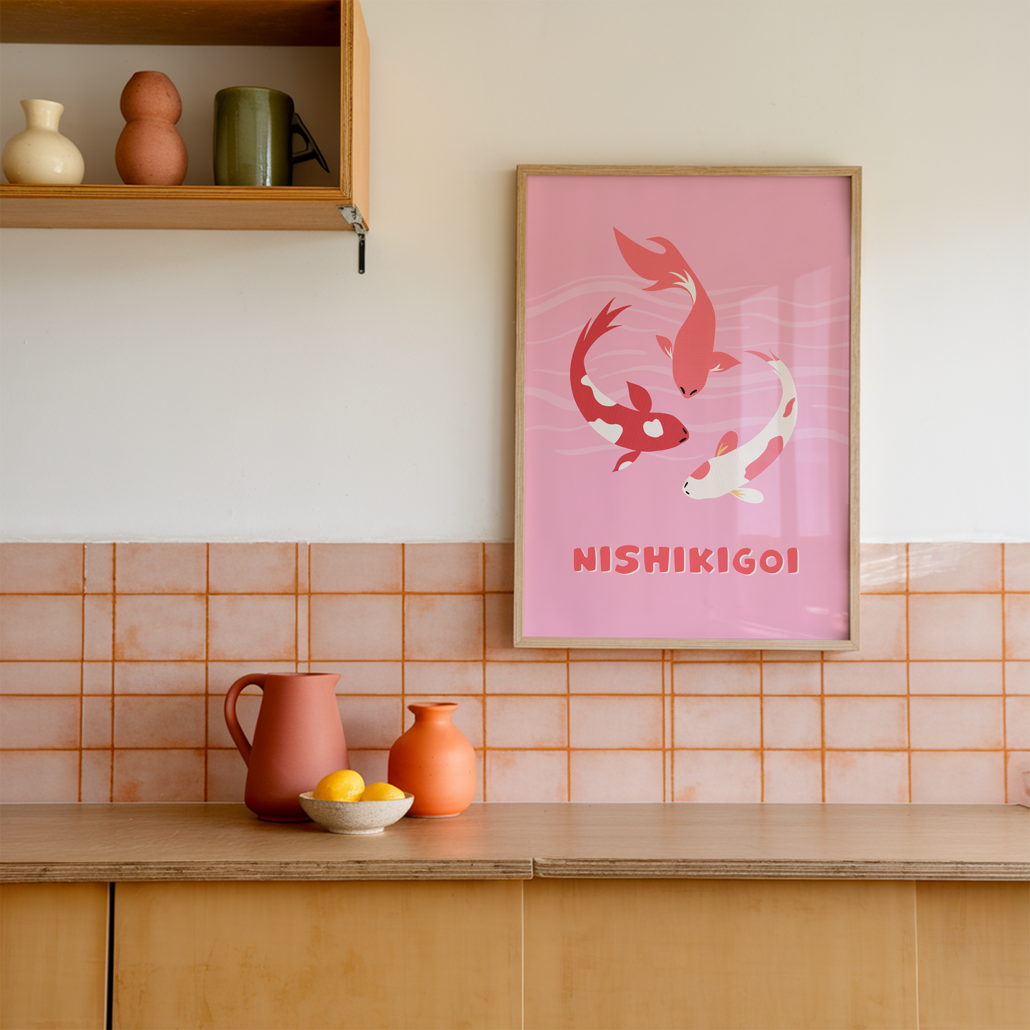 A pink print with an illustration of three Nishikigoi or Japanese carp fish. 
