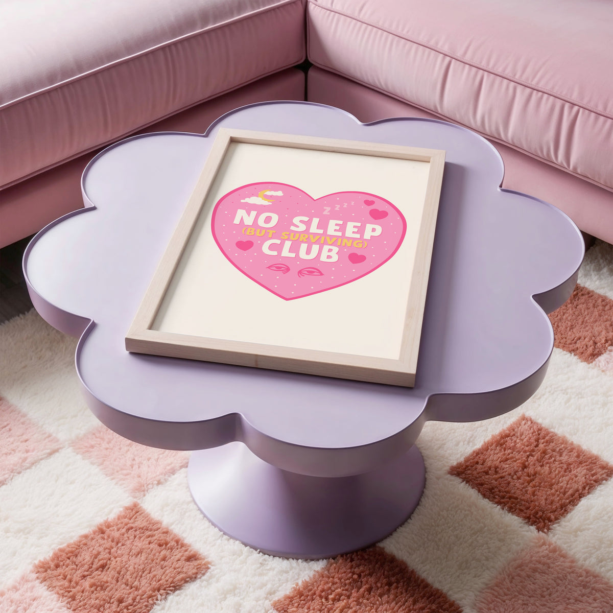 A print with a pink heart, with the words 'No Sleep (but surviving) club' in the centre, with small sleep related doodles around the text.