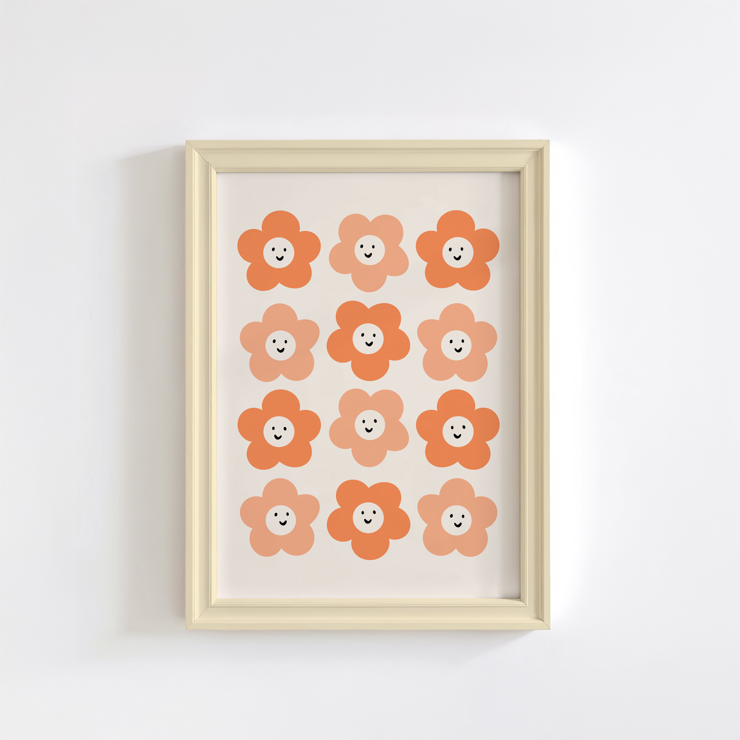 A neutral background print, with 12 smiling orange daisies on.