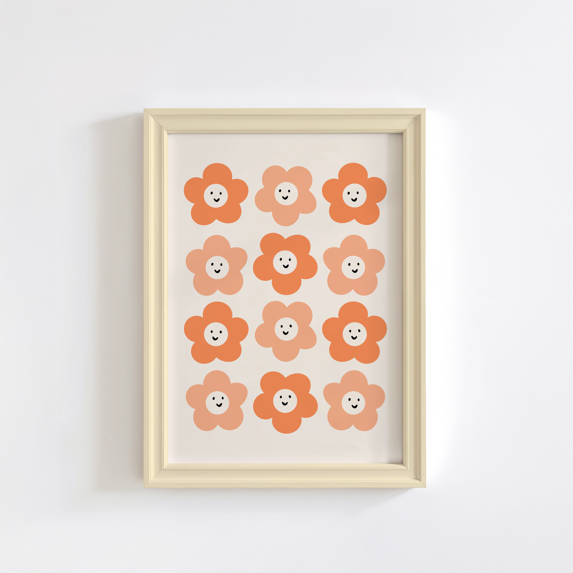 A neutral background print, with 12 smiling orange daisies on.