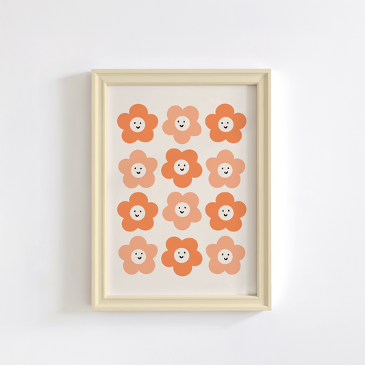 A neutral background print, with 12 smiling orange daisies on.